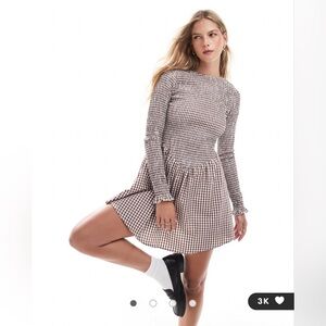 ASOS DESIGN shirred long sleeve mini dress in brown gingham